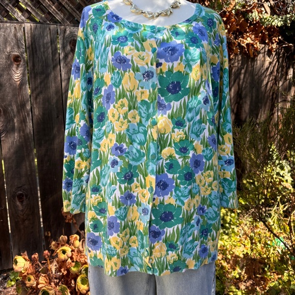 Talbots Size XL Floral Yellow Green 100% Cotton Cardigan Sweater Top Women - Picture 2 of 10